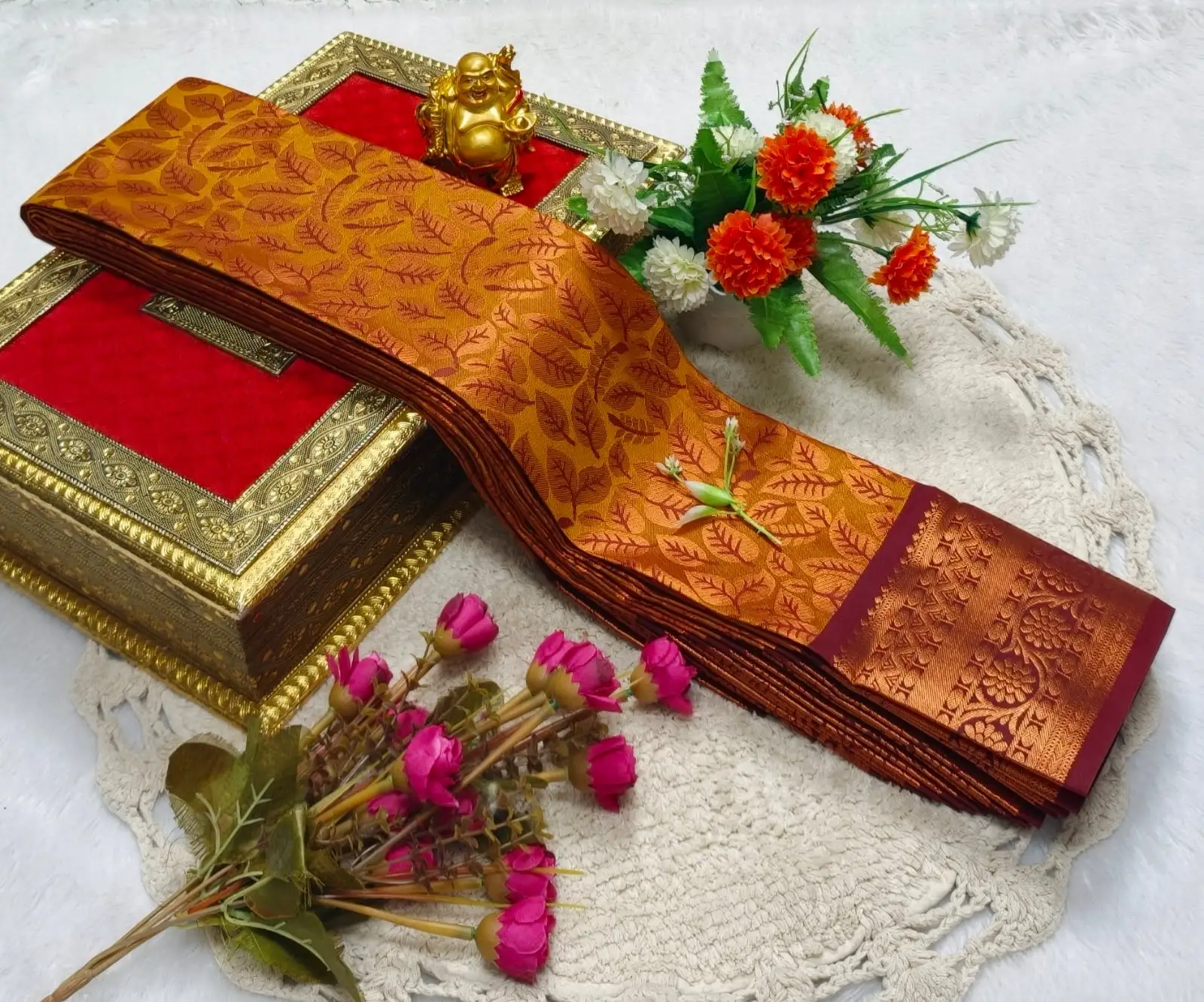 Mustard Copper Floral Jacquard Muhurtham Pattu Saree
